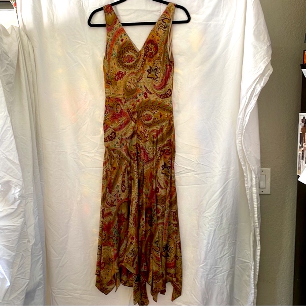 Lauren Ralph Lauren Paisley Silk Dress Size 10 Sleeveless Scarf Hem V-neck Boho